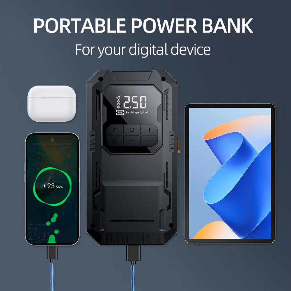 4-IN-1 Car Jump Starter with Air Compressor Car Auto Battery Booster Device150Psi Air Pump Portable Power Bank Tire Inflator