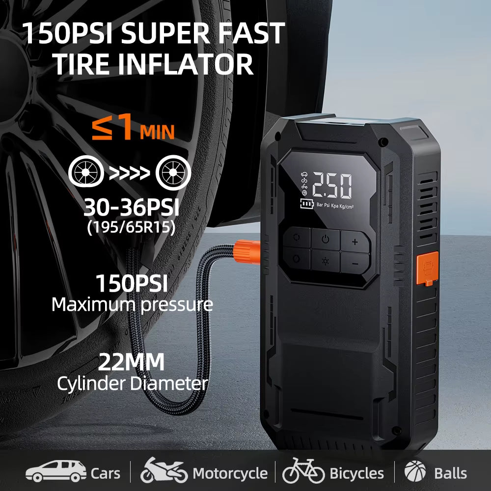 4-IN-1 Car Jump Starter with Air Compressor Car Auto Battery Booster Device150Psi Air Pump Portable Power Bank Tire Inflator