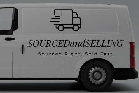 White van with 'Sourced and Selling' logo and text on a gray background